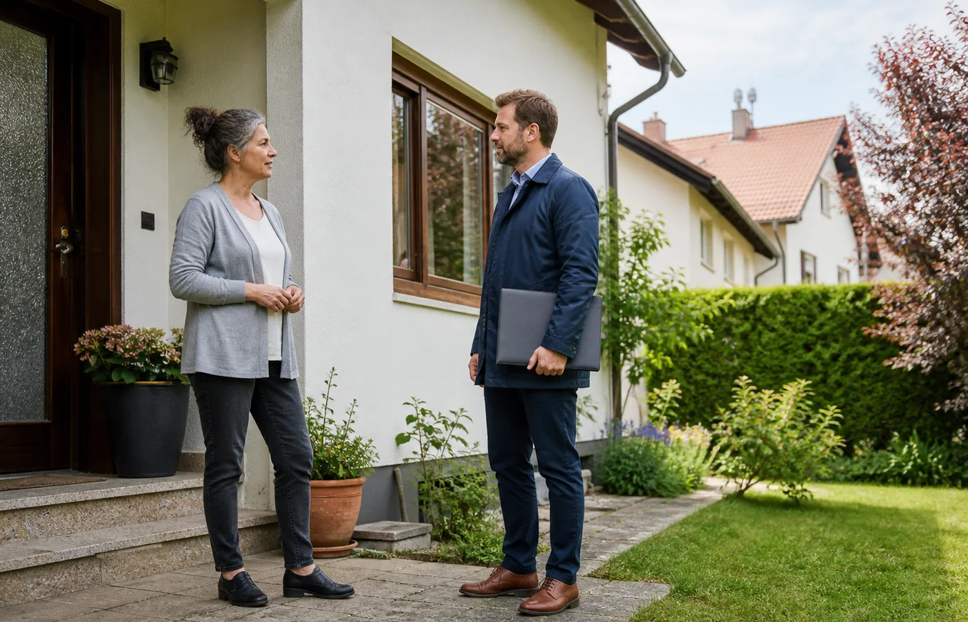 Eigentümerin und Beratungsperson besprechen eine bestehende Immobilie